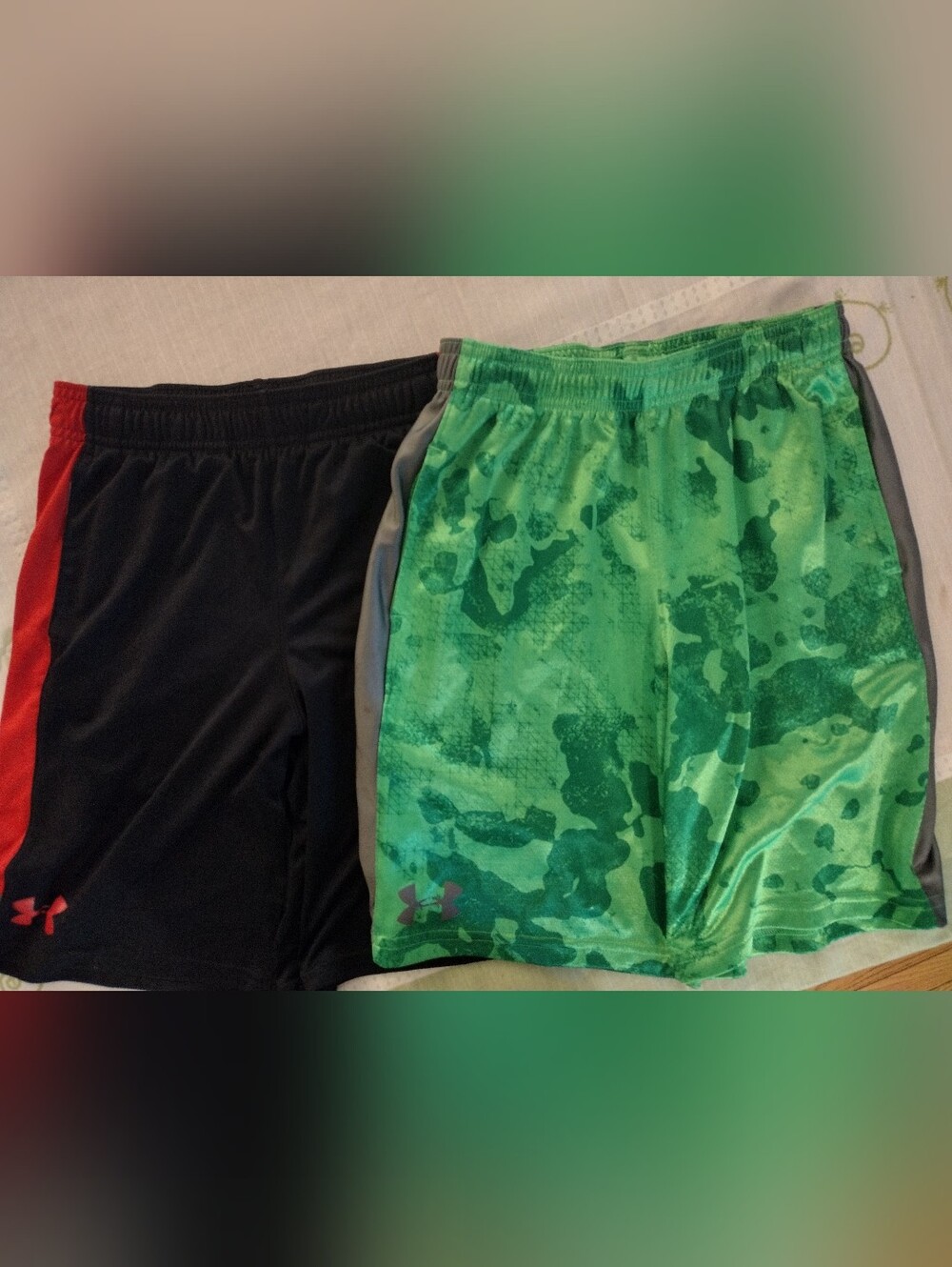 Under Armour Kids' Athletic Shorts – Black with Red Trim & Green Camo